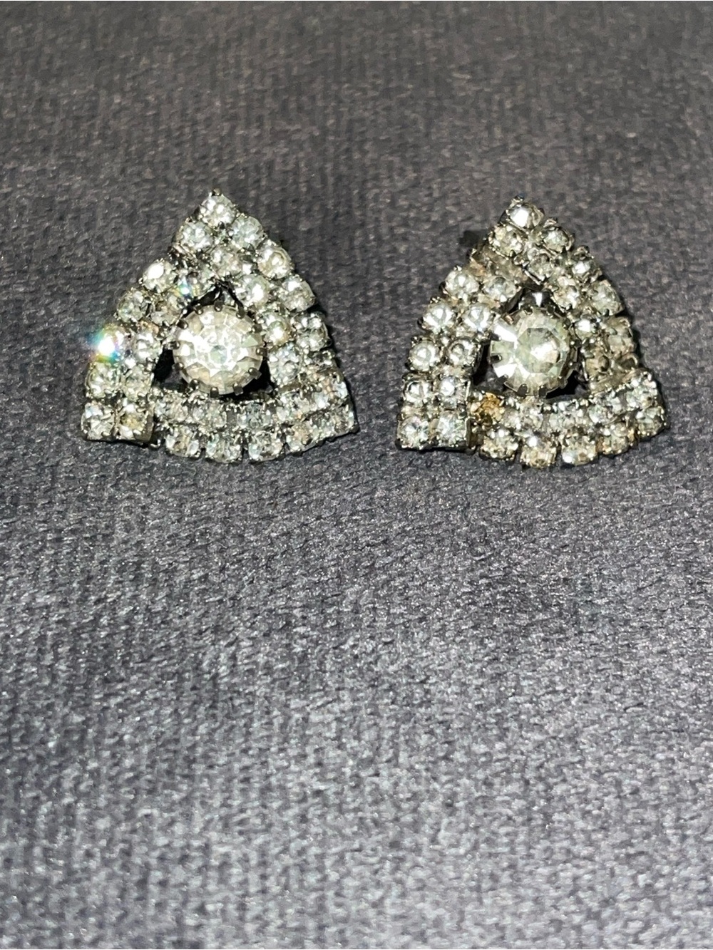 Vintage Clear Rhinestone Triangle Clip On Earrings Silver Tone Mid Century